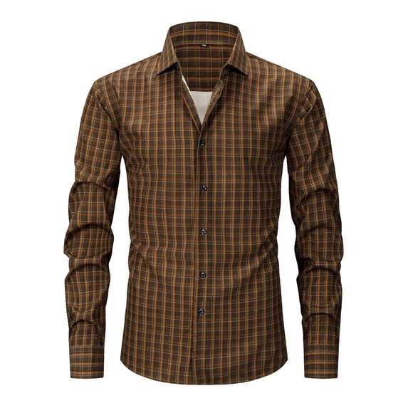 YTCAMLO Plaid Mens Dress Shirts Casual Regular Fit Long Sleeve Shirts Stretch Button Down Shirts Collared Business Casual Tees, Brown M