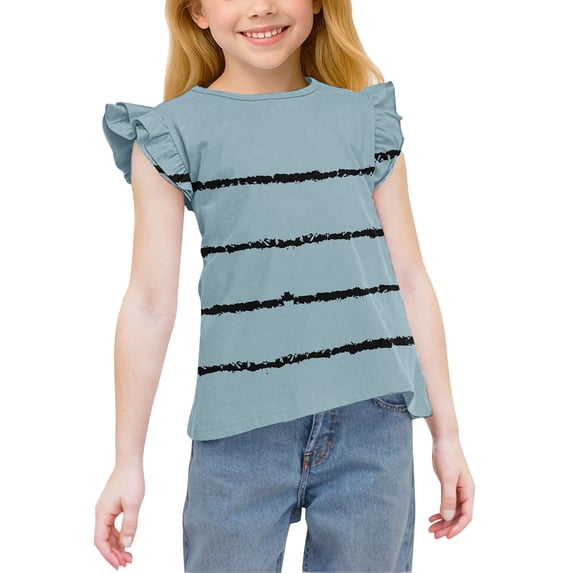 YTCAMLO Plaid Striped Printed Girls T Shirts Casual Ruffle Short Sleeve Shirts Crew Neck Tunic Tops Breathable Blouses Cute Summer Tops, Blue 8-9 Years