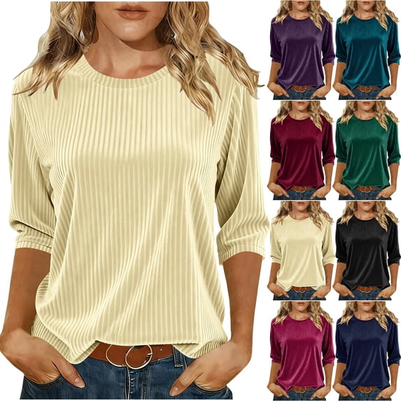 YTCAMLO Plus Size 3/4 Sleeve Womens Velvet Tops Casual Fashion Tunic Shirts Ribbed Crew Neck Blouses Loose Fit Pullover T Shirts, Green XL