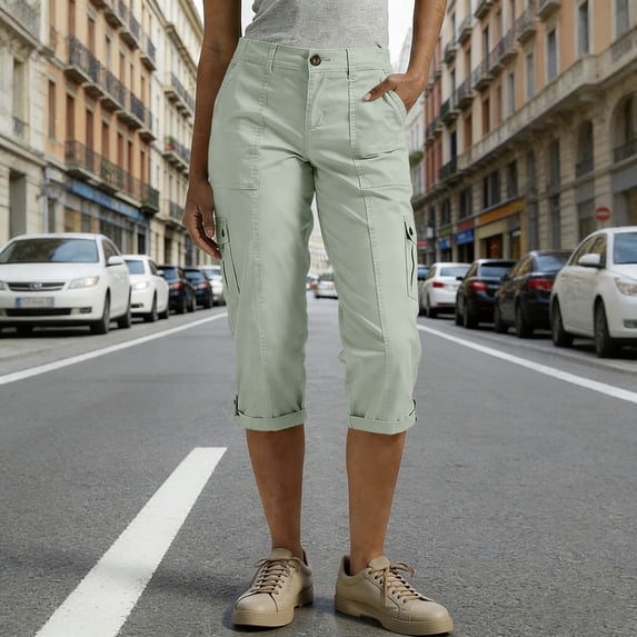YTCAMLO Plus Size Capri Pants for Women Summer Athletic Straight Leg Cargo Capris with Pockets Moisture Wicking Rolled Hem Trousers