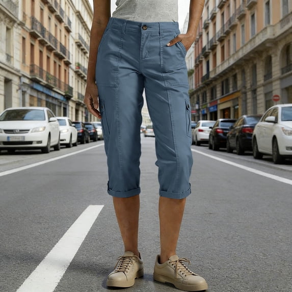 YTCAMLO Plus Size Capri Pants for Women Summer Athletic Straight Leg Cargo Capris with Pockets Moisture Wicking Rolled Hem Trousers