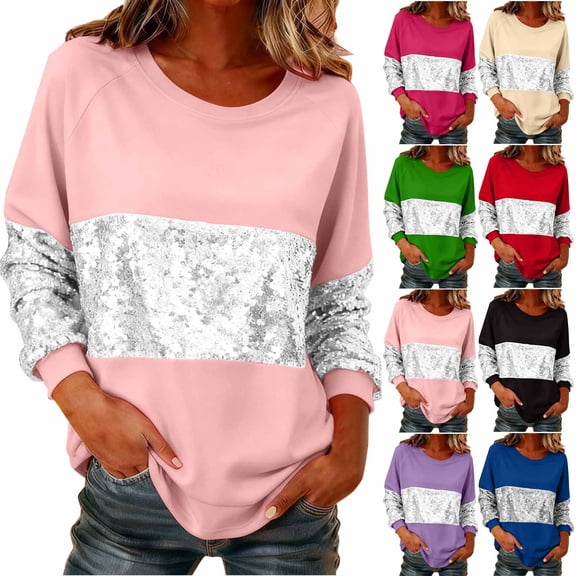 YTCAMLO Plus Size Carnival Sweatshirt for Women Fashion Sparkly Sequin Crewneck Blouses Night Out Girls Loose Long Sleeve Shirts, Red XXL