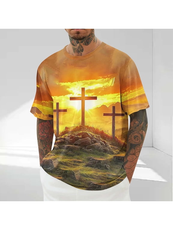 Plus Size Easter Shirts for Men Casual Cross Jesus Graphic T Shirts Short Sleeve Workout Tees Quick Dry Christian Tops M