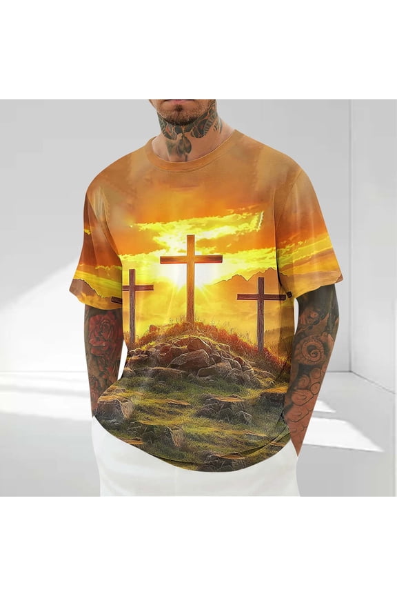 Plus Size Easter Shirts for Men Casual Cross Jesus Graphic T Shirts Short Sleeve Workout Tees Quick Dry Christian Tops M