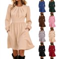 thumbnail image 1 of YTCAMLO Plus Size Fall Dresses for Women Casual Ruched Crew Neck Midi Dress Puff Long Sleeve A Line Dress High Waist Casual Dress, 1 of 8