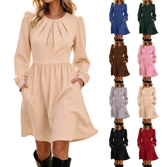 YTCAMLO Plus Size Fall Dresses for Women Casual Ruched Crew Neck Midi Dress Puff Long Sleeve A Line Dress High Waist Casual Dress