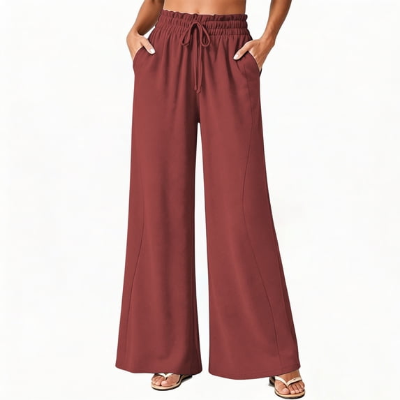 YTCAMLO Plus Size Lounge Pants for Women Fashion Ruffle Elastic Waisted Trousers with Pockets Drawstring Flowy Wide Leg Pants