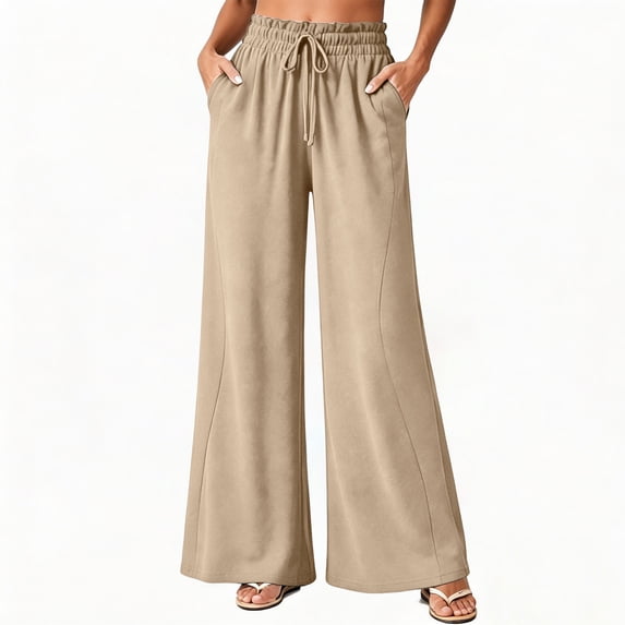 YTCAMLO Plus Size Lounge Pants for Women Fashion Ruffle Elastic Waisted Trousers with Pockets Drawstring Flowy Wide Leg Pants