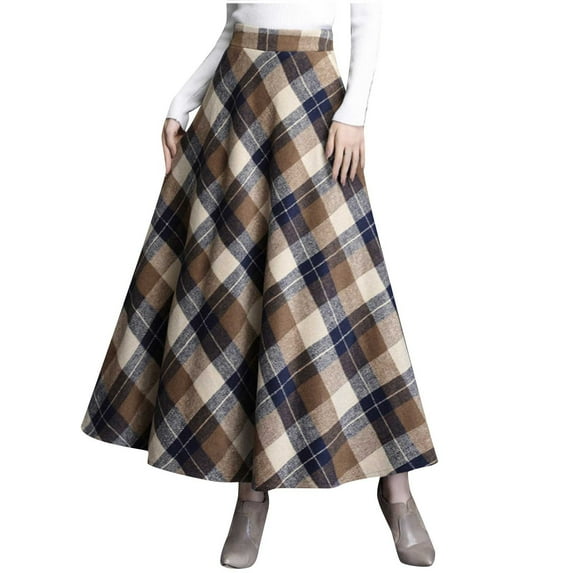YTCAMLO Plus Size Maxi Skirts for Women Casual Tartan Wool Skirt Vintage A Line Skirts with Pockets High Waisted Pleated Flared Skirts, Khaki XXL