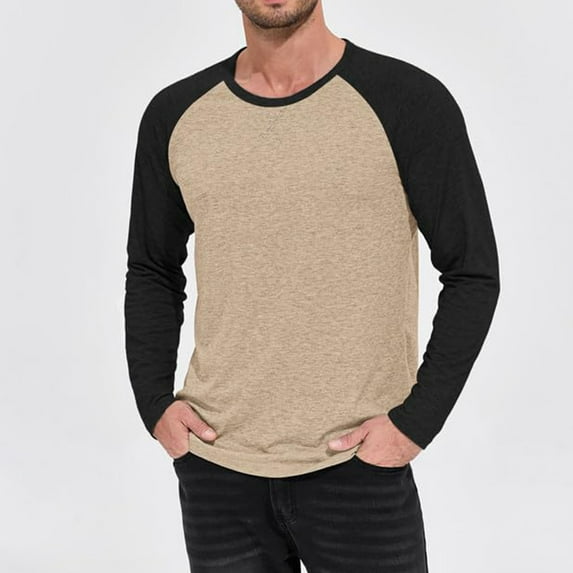 YTCAMLO Plus Size Mens Stretch Athletic Shirts Classic Regular Fit T Shirts Raglan Long Sleeve Basic Tees Lightweight Baseball Tops, Khaki XXXXL