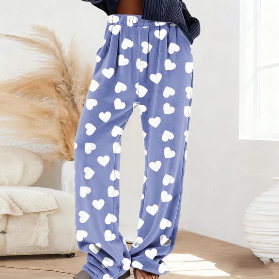 YTCAMLO Plus Size Pajama Pants for Women Casual Plush Comfy Lounge Pants with Pockets Plaid Heart Printed Long Pj Bottoms Sleepwear, Blue2 L