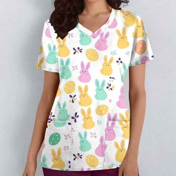 YTCAMLO Plus Size Scrubs for Women Casual V Neck Holiday Shirts Short Sleeve Scrub Tops with Pockets Easter Rabbits Eggs Working Uniforms XXL