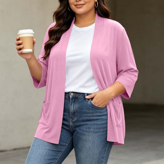 YTCAMLO Plus Size Summer Cardigan for Women Casual 3/4 Sleeve Classic Sweaters with Pockets Flowy Baggy Beach Vacation Coverups