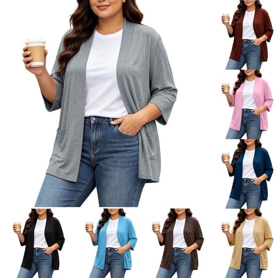 YTCAMLO Plus Size Summer Cardigan for Women Casual 3/4 Sleeve Classic Sweaters with Pockets Flowy Baggy Beach Vacation Coverups