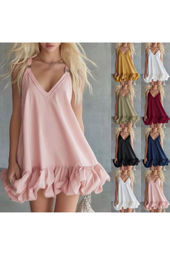 Plus Size Women's Bubble Mini Dress Dressy Sleeveless Adjustable Straps Summer Dresses V Neck Backless Cocktail Dress