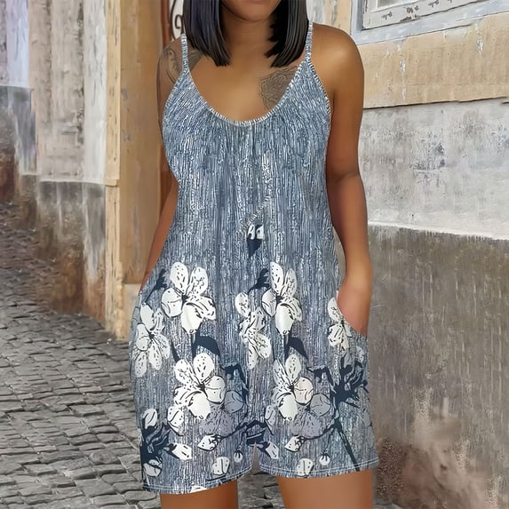 YTCAMLO Plus Size Womens Sleeveless Rompers Summer Casual Floral Printed V Neck Boho Jumpsuits with Pockets Loose Fit Shorts Overalls, Gray L