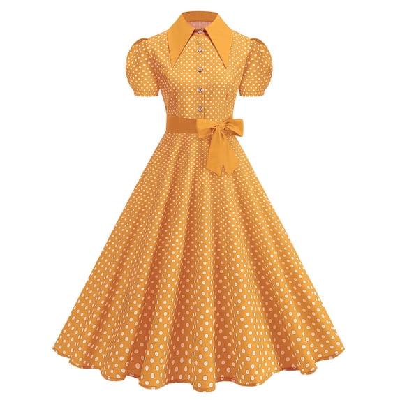 YTCAMLO Polka Dot Women's 1950s Retro Dress Vintage Puff Short Sleeve Cocktail Dress Notched Swing Dress with Belt Evening Midi Dress, Yellow S