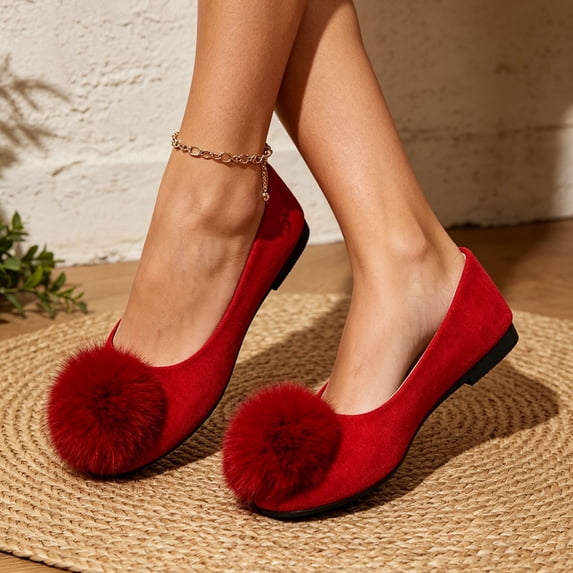 YTCAMLO Puff Pompom Flats for Women Round Toe Backless Casual Shoes Slip On Soft Comfort Ballet Shoes for Daily Weekend Outings