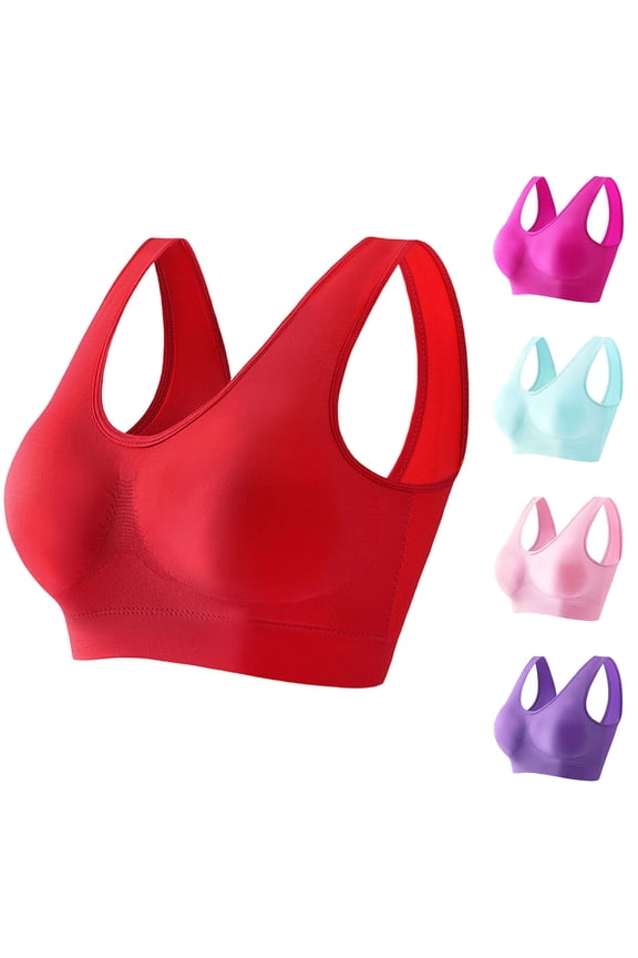 Pullover Womens T Shirt Bras Casual Full Coverage Wireless Bras Seamless Yoga Bra with Removable Pads Pull On Sleep Bralettes, Red XXXL