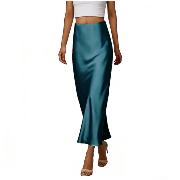 YTCAMLO Regular Women's Satin Midi Skirt Casual Elegant Flared Skirts Comfy High Waist A Line Long Skirt Flowy Wedding Skirts, Green XXXL