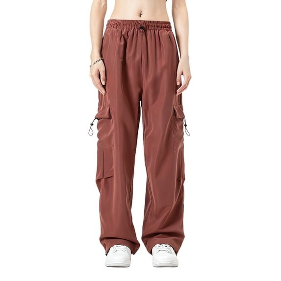 YTCAMLO Relaxed Fit Cargo Pants for Women Casual Straight Leg Lounge Pants Elastic Waisted Hiking Pants Multi Pockets Stretchy Trousers, Wine XXL