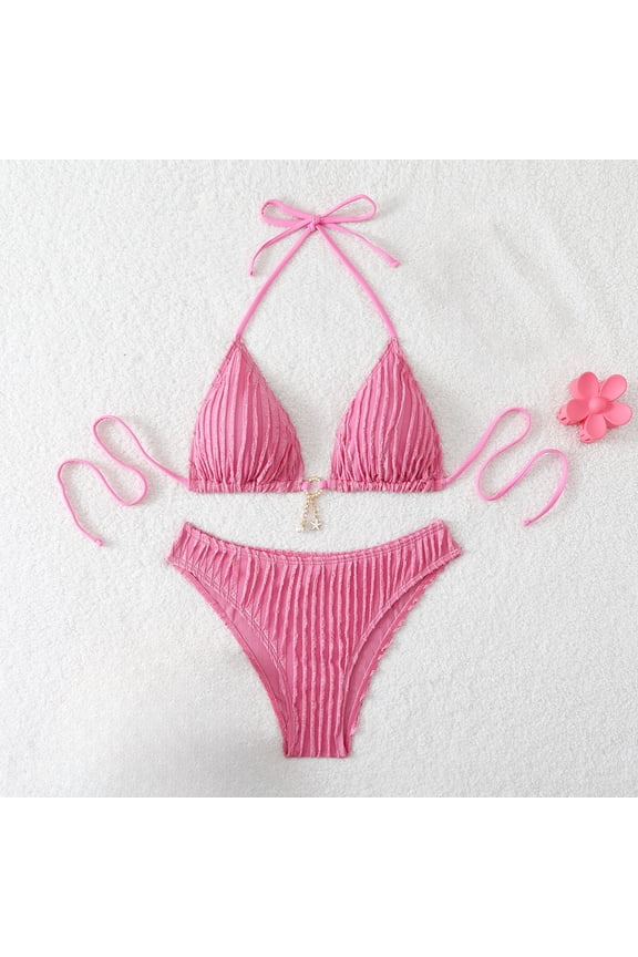 Ribbed Bikini Sets for Women Summer Fashion Two Piece Swimsuit Halter Triangle Top with High Cut Brief Cheeky Thong Bathing Suit, Hot Pink M