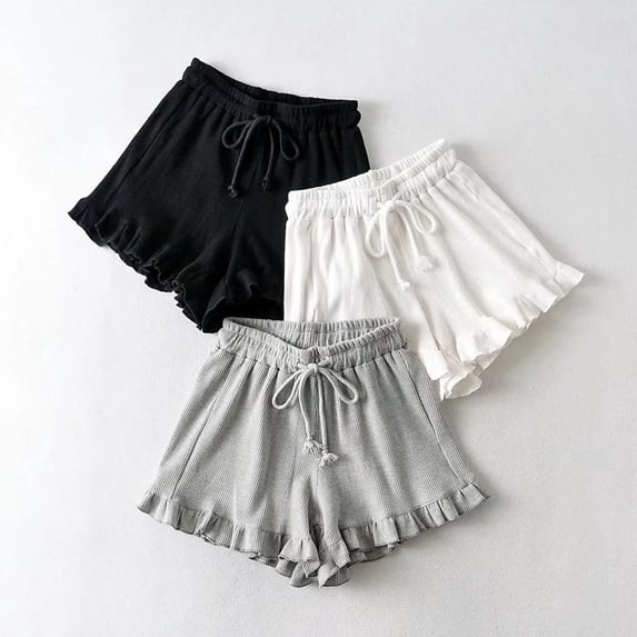 YTCAMLO Ribbed Boxer Shorts for Women Casual Ruffle Trim Pajama Shorts with Pockets Drawstring Comfy Cotton Summer Pj Bottoms