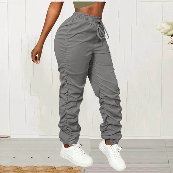 YTCAMLO Ruched Joggers for Women Trendy Y2K Elastic Waisted Lounge Pants with Pockets Trousers Drawstring Workout Pants Streetwear, Gray M