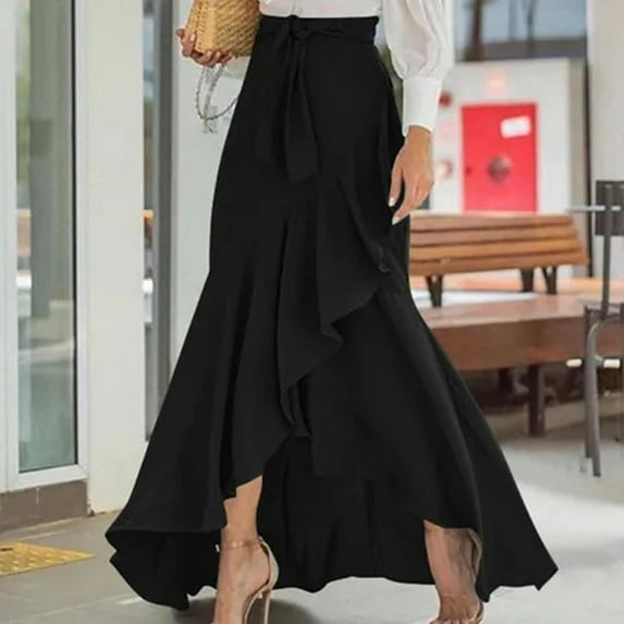 YTCAMLO Ruffle Hem Maxi Skirts for Women Casual Tie Waist Wrap Skirt Plus Size Long Beach Skirts Solid Color Slit Flowy Basic Skirt, Black S