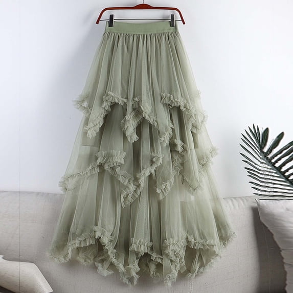YTCAMLO Ruffle Mesh Womens Tulle Skirts Casual Fashion Long Skirt Layered Tiered Skirts Wedding Party Tutu Skirt Flowy Fairy Skirts, Army Green