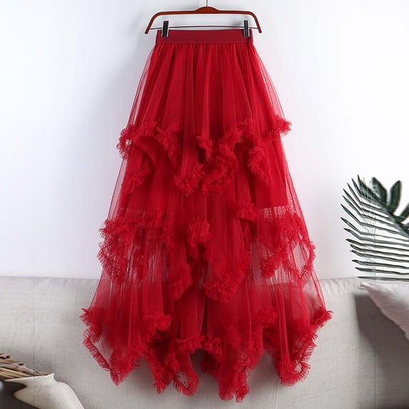 YTCAMLO Ruffle Mesh Womens Tulle Skirts Casual Fashion Long Skirt Layered Tiered Skirts Wedding Party Tutu Skirt Flowy Fairy Skirts, Red
