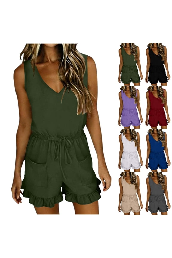 Ruffle Rompers for Women Dressy Summer Sleeveless V Neck Short Jumpsuits with Pockets Drawstring Wide Leg Summer Outfits