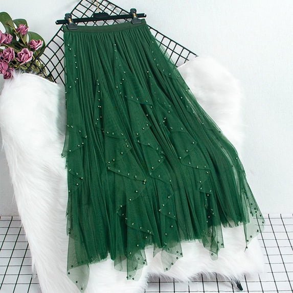 YTCAMLO Ruffled Womens Tulle Skirts Y2K Dressy Irregular Layered Mesh Tutu Skirt Elastic High Waisted Midi Skirt Flowy Fairy Skirts, Green