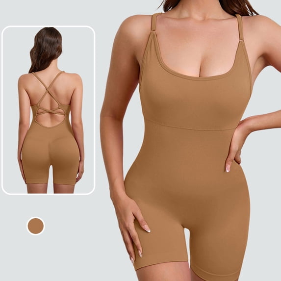 YTCAMLO Seamless Women Workout Romper One Piece Summer Casual Ribbed Jumpsuit Sleeveless Cross Back Yoga Catsuit Tummy Control Bodycon Shapewear, Khaki M