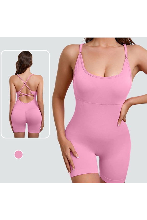 Seamless Women Workout Romper One Piece Summer Casual Ribbed Jumpsuit Sleeveless Cross Back Yoga Catsuit Tummy Control Bodycon Shapewear, Pink XS