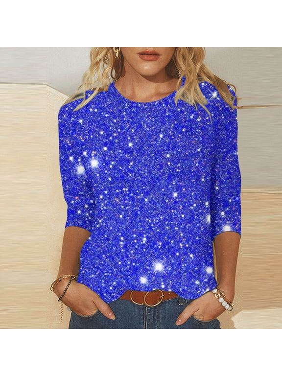 Sequin Tops for Women Fashion Crew Neck 3/4 Sleeve Sparkly T Shirts Soft Lightweight Going Out Top for Evening Party Night