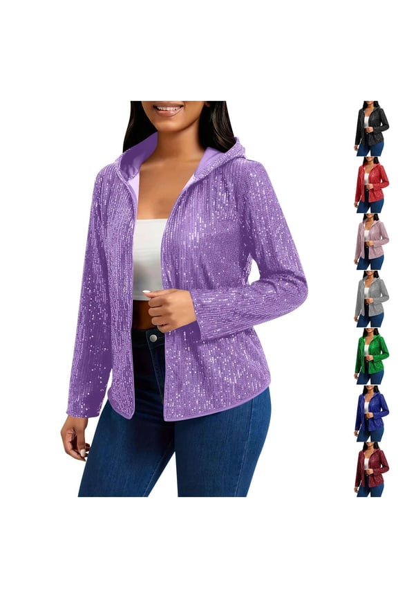 Shiny Sequin Jackets for Women Trendy Zipper Long Sleeve Blazer Ribbed Bomber Jacket Cardigan Ladies Hooded Coat Outwear, Black XL