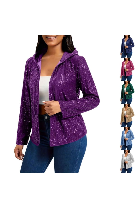 Shiny Sequin Jackets for Women Trendy Zipper Long Sleeve Blazer Ribbed Bomber Jacket Cardigan Ladies Hooded Coat Outwear, Gold XXL