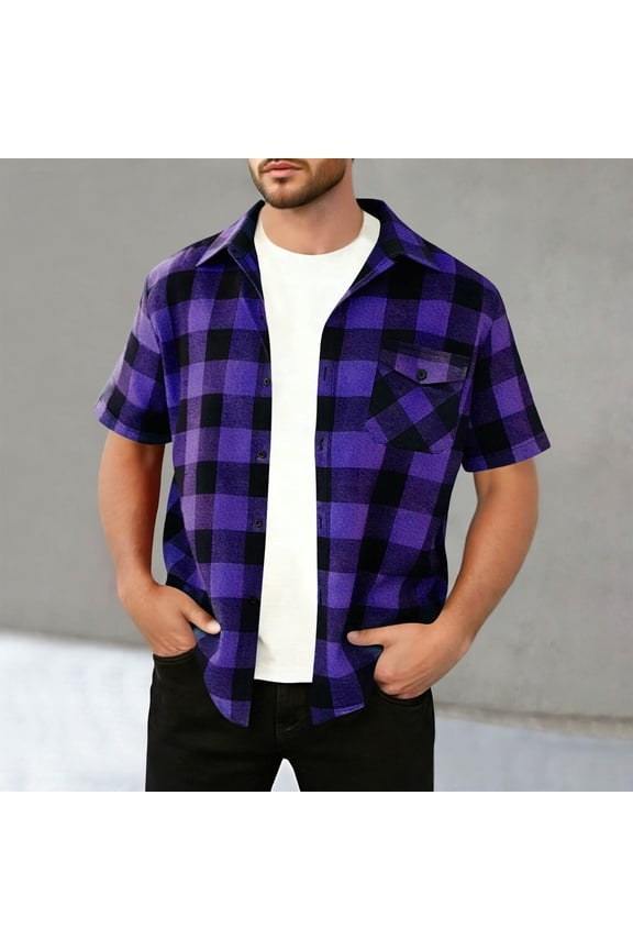 Short Sleeve Mens Plaid Button Down Shirts Casual Fashion Check Shirts with Pocket Soft Cotton Business Summer Tops, Purple L