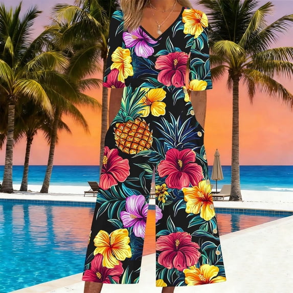 YTCAMLO Short Sleeve Rompers for Women Summer Beach Fashion Baggy Boho Printing One Piece Jumpsuits Wide Leg Summer Outfits, Navy L