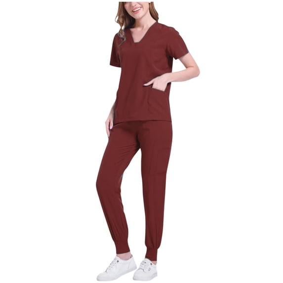 YTCAMLO Short Sleeve Scrubs for Women Classic V Neck Scrub Top Drawstring Jogger Scrub Pants Multi-pocket Baggy Nursing Scrubs Set