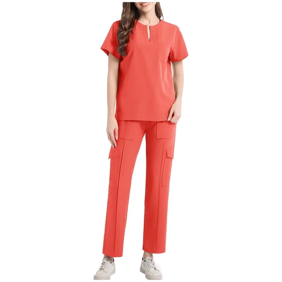 YTCAMLO Short Sleeve Scrubs for Women Stretch Nursing Top Straight Leg Cargo Pants with Drawstring Lightweight Medical Uniforms Set