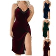 thumbnail image 1 of YTCAMLO Side Split Velvet Dress for Women Casual Spaghetti Strap Lace Dress Stretchy Midi Dress Soft Comfy Sleeveless Nightgown, Dark Blue M, 1 of 8