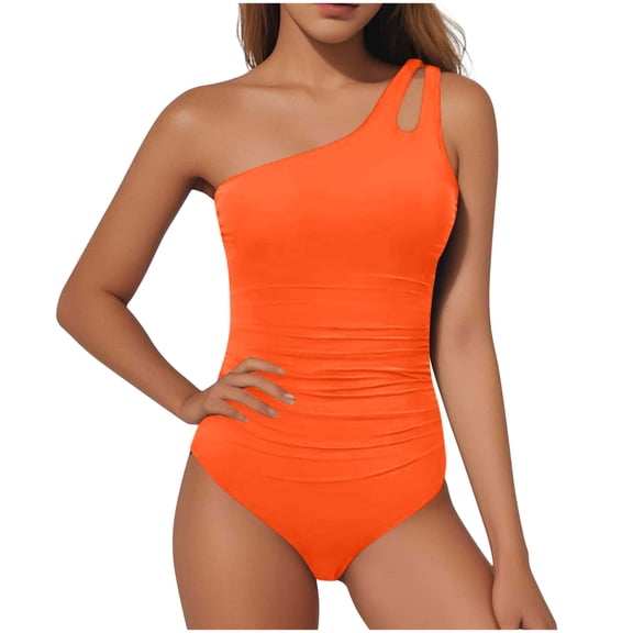 YTCAMLO Sleeveless One Shoulder Women's One Piece Swimsuit Trendy Solid Color Tummy Control Bathing Suits Full Coverage Cutout Swimwear, Orange XL