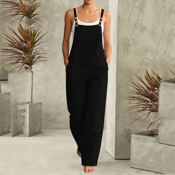 YTCAMLO Sleeveless Overalls for Women Summer Trendy Square Neck Wide Leg Long Pant Jumpsuits Loose Fit Button Rompers With Pockets, Black XL