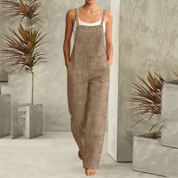 YTCAMLO Sleeveless Overalls for Women Summer Trendy Square Neck Wide Leg Long Pant Jumpsuits Loose Fit Button Rompers With Pockets, Khaki XL