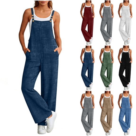YTCAMLO Sleeveless Overalls for Women Summer Trendy Square Neck Wide Leg Long Pant Jumpsuits Loose Fit Button Rompers With Pockets, Sky Blue S