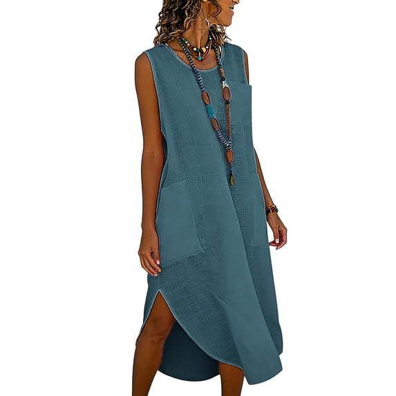 YTCAMLO Sleeveless Womens Summer Dresses Casual Loose Fit Maxi Dress Side Split Sundresses with Pockets Crewneck A Line Long Dress, Blue S