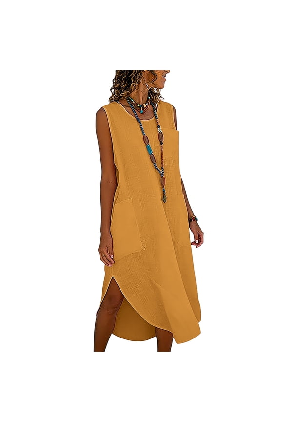 Sleeveless Womens Summer Dresses Casual Loose Fit Maxi Dress Side Split Sundresses with Pockets Crewneck A Line Long Dress, Yellow XL