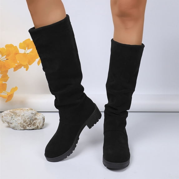 YTCAMLO Slouchy Flat Boots for Women Casual Warm Pull On No Heel Dress Long Boots Mid Calf Fall Winter Fashion Comfortable Boots